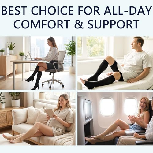 Image of LIN PERFORMANCE 20-30 mmHg Compression Socks for Women Men Knee High Open Toe Leg Support Stockings for Daily Comfort Travel (Nude,L)