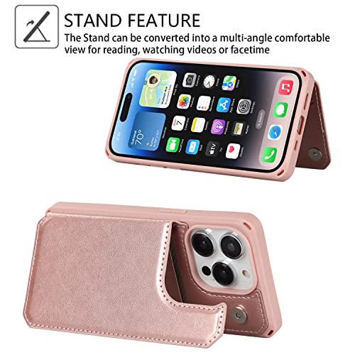 Image of Cavor for iPhone 14 Pro Wallet Case with Card Holder for Women Men,Stand Credit Card Holder Phone Case, Leather Strap Cover- Rose Gold