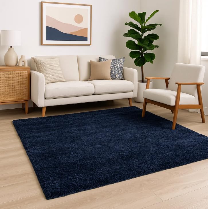 Navy Rug Deep Pile Midnight Tone Comforting Underfoot Feel Plush Modern Carpet Piece Perfect for Lounge Bedroom Soft Dense Fibres Stylish Contemporary Home Rug 120cm x 170cm (3ft 11" x 5ft 7")