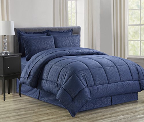 Image of Sweet Home Collection 8 Piece Bed In A Bag with Vine Comforter, Sheet Set, Bed Skirt and Sham Set, Navy, Queen