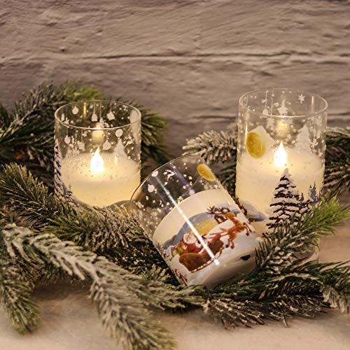 Image of Wondise Santa Claus Glass Flameless Candles Remote and Timer, Battery Operated Real Wax LED Flickering Pillar Candles White Cold Light Window Christmas Holiday Decor D3 x H4, 5 inch, 6 inch