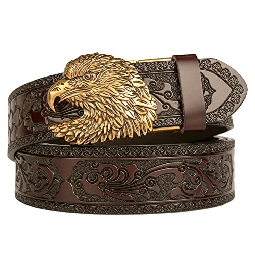 Ceinture à cliquet en cuir marron 120cm motif floral aigle