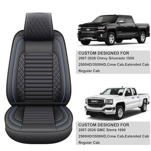 Image of JOJOBAY Chevy Silverado Seat Covers,GMC Sierra Seat Covers,Custom Fit 2007-2026 1500 2500HD 3500HD Crew Double Extended Regular Cab,LT LZT RST Trail Boss(Front Pair,Black Blue)