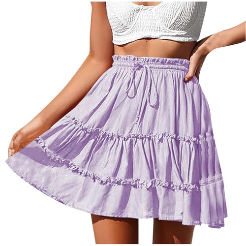 Womens Summer Beach Skirts Flowy Ruffle Tiered Mini Skirt Cute High Waist Boho Flared A-Line Short Skirts Dress