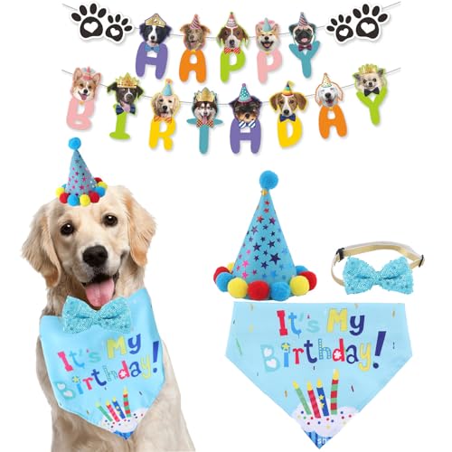 Dog Boy Birthday Party Outfits,Birthday Hat, Bow Tie, Bandana, Happy Birthday Banner,Puppy Pet Theme Decorations Suit for Golden Doodle Teddy Husky Labrador (4PCS Blue)