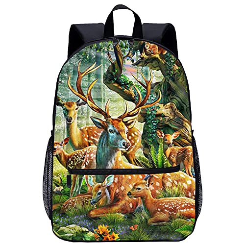 Sac à dos scolaire grand volume 45cm imprimé Cerf 3D avec bretelles confort