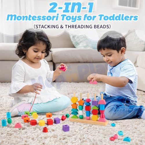 Image of Hop N Play Wooden Beads Sequencing Toy Set | Montessori Lacing & Stacking Toy for Kids 2-5 | Color & Shape Matching Beads Game for Kids | 22 Pcs Blocks and 10 pcs Cards