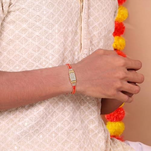 Image of Peora Om Shree Ram Swastik Rakhi for Brother Bhaiya | Crystal & Beads Studded | Red Thread | Raksha Bandhan Hamper with Roli Chawal Greeting Card