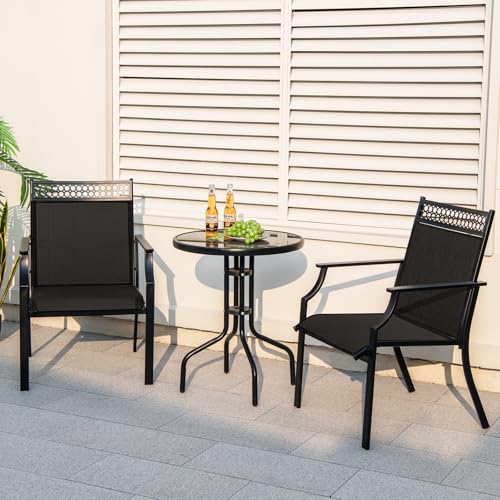 Image of Giantex Patio Chairs Set of 4, Outdoor Chairs with All Weather Fabric, High Backrest, Armrests, Heavy Duty Metal Armchair, Outside Dining Chairs for Porch Lawn Garden Yard Pool, Black