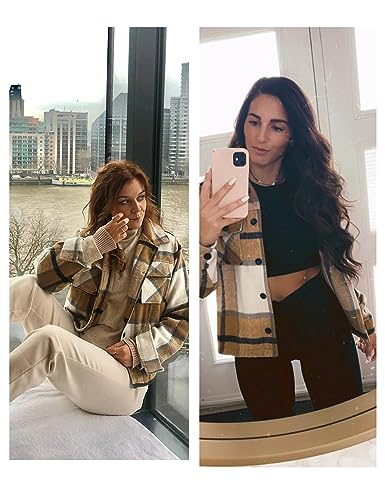 UANEO Womens Cropped Plaid Shacket Button Down Short Flannel Shirt Jacket with Pockets3