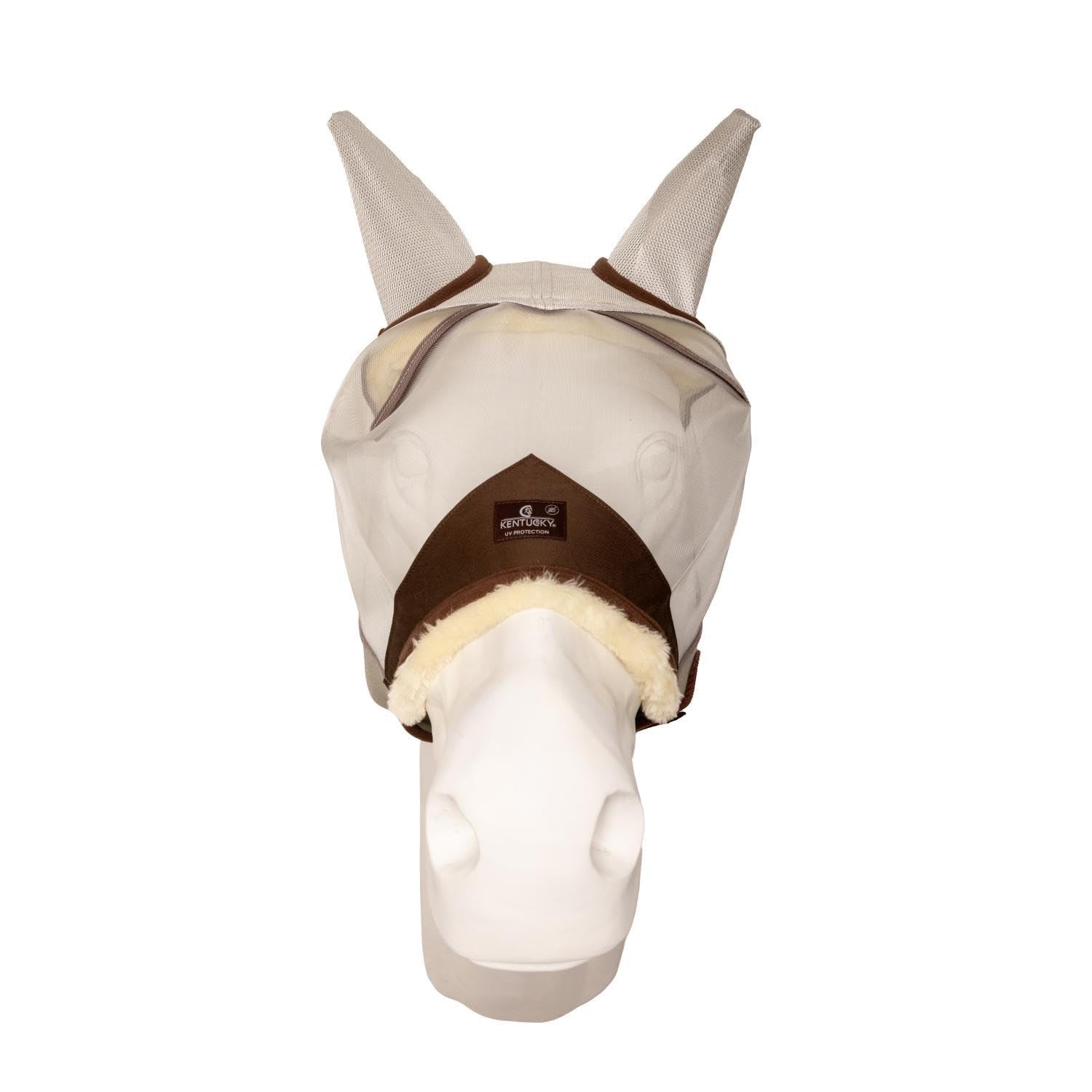 Fliegenmaske Pferd Full mit Ohren – Hautfreundliches Kunstlammfell, Full, UV-blockendes atmungsaktives Mesh, Verstellbarer Sitz, Waschbar & Langlebig, Silber