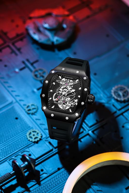 Image of Giordano Analog Skeleton Dial Watch for Men - Tonneau Case, Silicone Strap, Open-Gear Sport Design, Quartz Movement