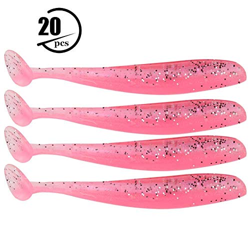Zer one 20 UNIDS Pesca Suave Señuelo 7.5 cm / 2g De Plástico T Cola Cebo Artificial Gusano Swimbait para Bajo Trucha Leucomas Accesorio de Pesca(Rosado)