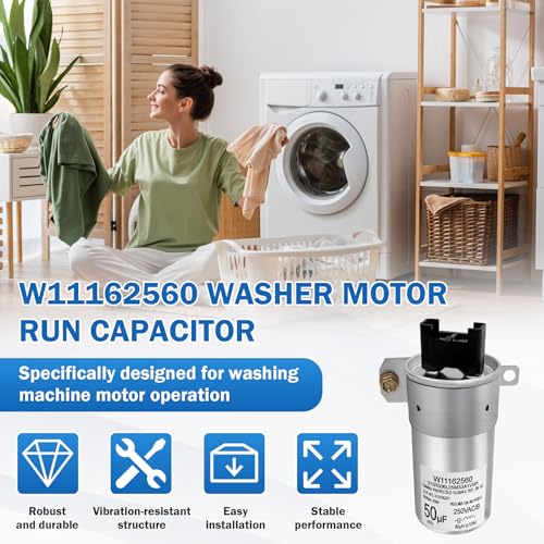 Image of Upgrade W11395618 W11162560 W10625046 Washer Motor Run Capacitor 50uF 250VAC 50 /60Hz 10000AFC Compatible With Whirlpool Washer Capacitor Replace W10390446 W10866250 W10843769 WPW10625046 W11315694