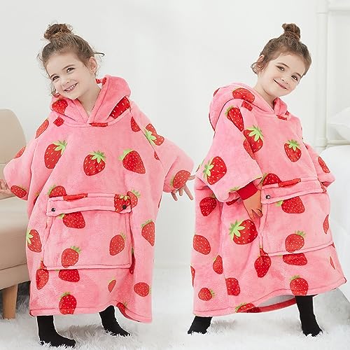 Image of KFUBUO Wearable Blanket Hoodie for Kids With Pocket Toddlers 2-6 Year Old | Strawberry, Sherpa, Heavy Material, Oversized Sweatshirt Blanket, Kids Blanket, Girl Boy Gifts, Cozy Gifts for Kids