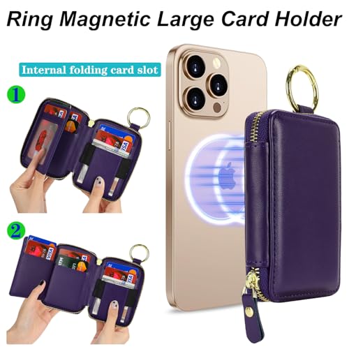 Image of Compatible with MagSafe Wallet,Magnetic Wallet for iPhone iPhone 16 Pro Max /15 Pro /14 Plus /13 /12 Series,Leather Zipper Pocket Card Holder Adjustable Stand-Light purple