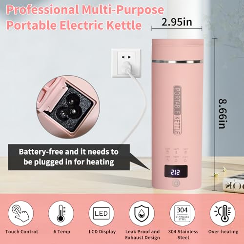 Image of Pink Travel Electric Kettle with LCD Display, 6 Temperature Settings, 450ml / 15.2oz, 304 Stainless Steel, Auto Shut-Off and Dry Boil Protection, Compact and Portable Electric Kettle