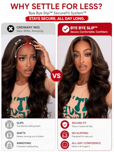 Image of Beauty Forever Bye Bye Slip Glueless Human Hair Wig for Black Women-Body Wave HD Lace Wig with Golden Brown Highlights,Pre Cut & Pre Plucked,Invisi Drawstring Secure Fit,7x5 Lace,150% Density 20inch