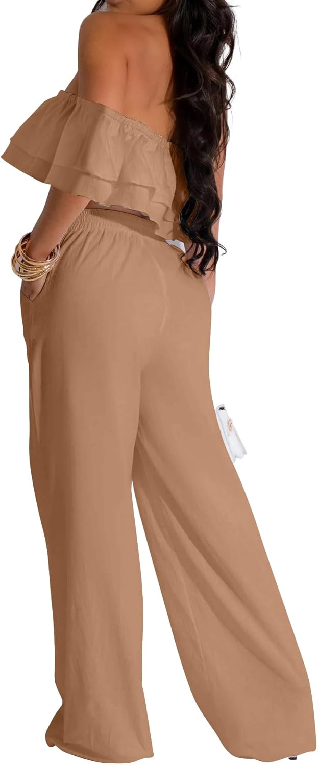 Elegant Two Piece Clothing Sets for Women Sexy Crop Top Long Wide Leg Pants Swimwear Bikini Coverups Vacation Beach - Image 2