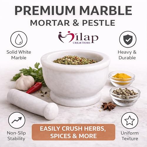 Image of White Marble Mortar and Pestle Set Stone 4 Inch, Khalbatta, Kharal, Okhli, Musal Kitchen Tool for Crushing Grinding Ingredients
