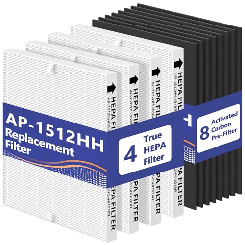 SAKEGDY AP-1512HH True HEPA Replacement Filter Set, Compatible with Coway airmga AP-1512HH Air Purifier, AP-1512HH-FP, AP-1518R, AP-1519P, Part# 3304899, 4 True HEPA + 8 Carbon Pre-filters.