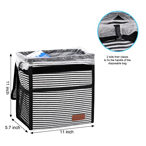 Image of Femuar Leak Proof Car Trash Can With Lid - Waterproof Garbage Bag With Storage Mesh Pocket, Large /Stripe