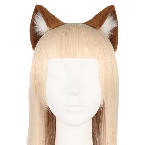 Surakey Long Fur Cat Ears Anime Cosplay Headband Plush Hairband Halloween Cosplay Party Costume for Men and Women Role-Playing (Brown-White) - Brown-white
