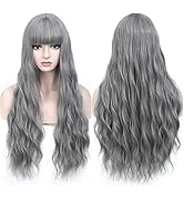 COSYMAY Synthetic Grey Wig for Women Wavy Curly 26 inch Long Cosplay Wig with Bangs Heat Resistan...