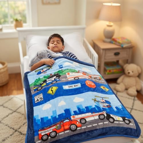 Image of EVERYDAY KIDS Toddler Throw Blanket - 30 inch by 40 inch - Fire and Police Rescue - Super Soft, Plush, Warm and Comfortable