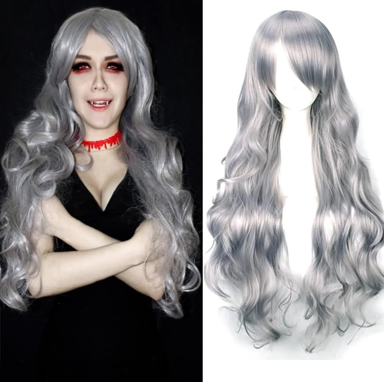 YEESHEDO 32" 80 cm Gray Long Wavy Curly Hair Cosplay Wigs with Bangs for Women Girls Heat Resistant Synthetic Wig for Party Costume Anime Halloween - Image 2