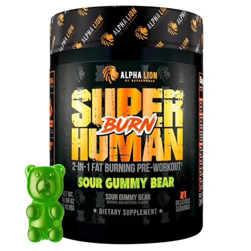 ALPHA LION Superhuman Burn – 2 in 1 Metabolism Booster Pre Workout and Thermogenic Fat Burner for Men – Appetite Suppressant and Weight Loss Supplement (21 Servings, Sour Gummy Bear)