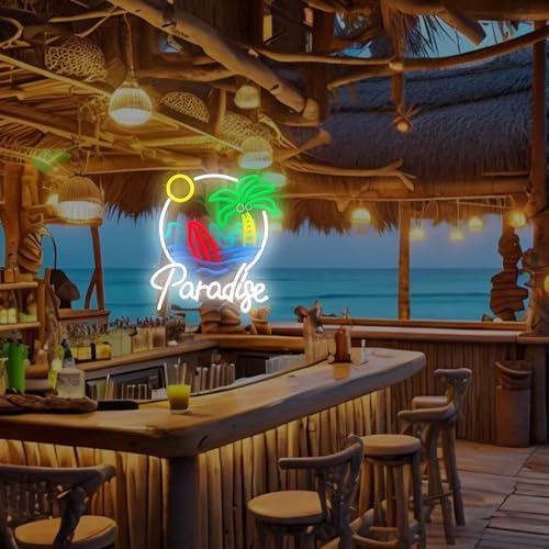 Image of Palm Tree Paradise Neon Sign - Tropical Neon Lights Wall Decor for Bedroom, Living Room, Bar, Party, or Home Office - Relaxing Summer Vibes LED Light