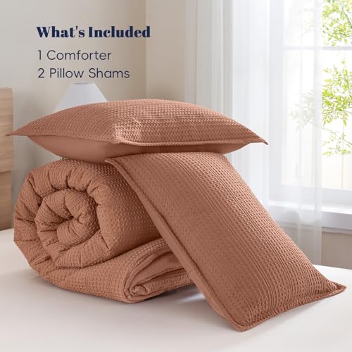 Image of PHF Soft Waffle Comforter Set Queen Size- Comfy Breathable Waffle Weave Comforter with 2 Pillow Shams, 3 Pieces Less Snagging Lightweight Textured Bedding Set for All Season, Terracotta