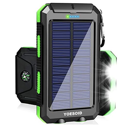 Solar Charger 20000mAh YOESOID Portable Solar Power Bank Outdoor Waterproof Camping External Backup Battery Pack with Dual USB Ports 2 LED Light Carabiner and Compass, Compatible Most Smart Phones