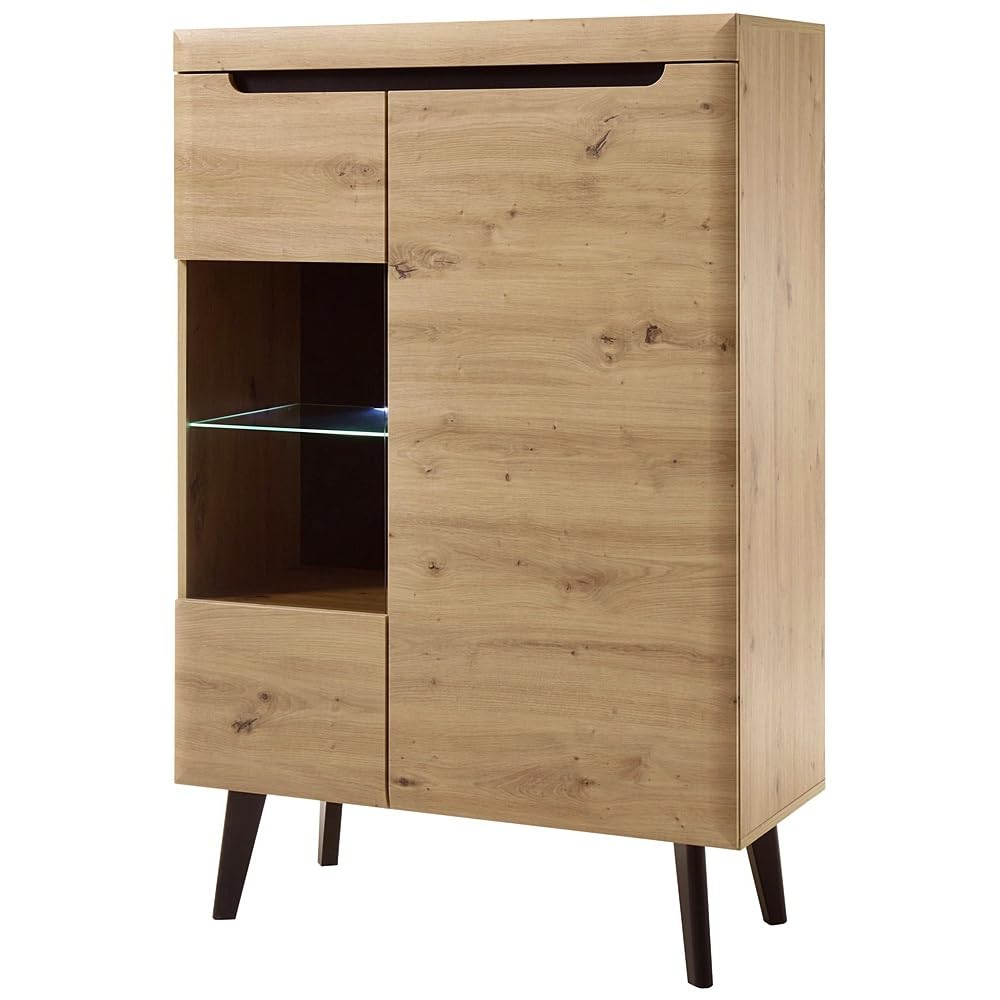 Lomadox Skandinavisches Wohnwand und Couchtisch Set, Eiche Artisan mit Schwarz, inkl. Beleuchtung, tiegezogene MDF-Fronten, Massivholzfüße