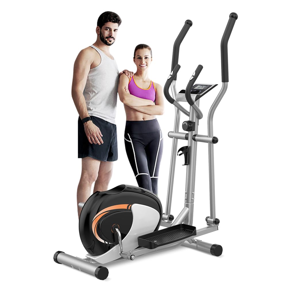 Dripex Crosstrainer für zuhause, Magnetisch Ellipsentrainer, Ultraleiser Crosstrainer mit 8-stufiger Widerstand, 6KG Schwungrad, Pulssensor, LCD Monitor, Gerätehalterung, Transporträder (Orange)
