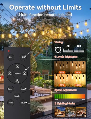 Brightever 150FT Solar String Lights Outdoor Waterproof with Remot, 55+2 Shatterproof ST38 LED Bulbs, Dimmable & 3 Lighting Modes, Warm White Solar Patio Lights for Balcony, Deck, Wedding - Image 5