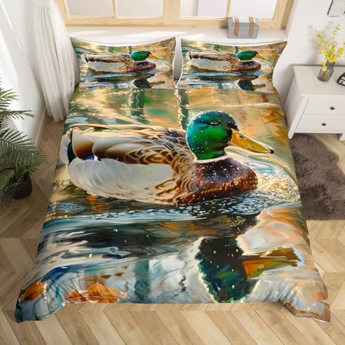 jejeloiu Kids Mallard Duck Bedding Set Toddler Size, Duck Hunting Duvet Cover Boys Girls Wild Animal Comforter Cover Western Farmhouse Bedspread Cover Soft Quilt Cover 2Pcs (No Comforter)