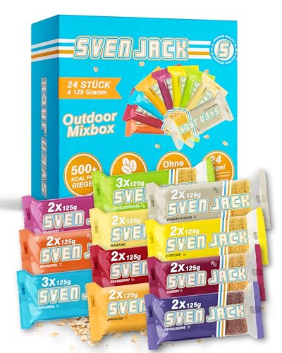 Sven Jack (Energy Cake) OUTDOOR Haferriegel Mix Box 24x 125g I Original Haferflocken Energieriegel I Vegane Haferriegel I Langkettige Kohlenhydrate & wenig Zucker I Verschiedene Sorten
