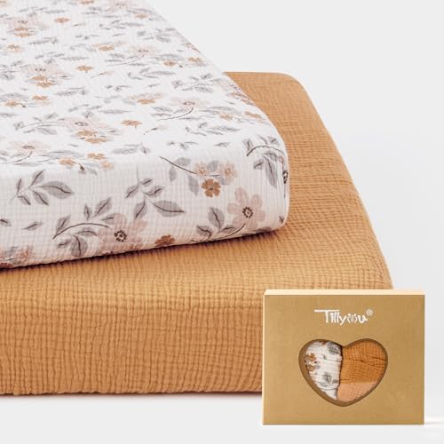 Image of TILLYOU Muslin Mini Crib Sheets 2 Pack, Pack and Play Mattress Sheets Fitted for Pack N Play, 38'' x 26'' Sheet for Toddler, Yellow Flower