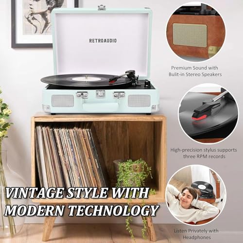 Image of RetroAudio Portable Bluetooth Vintage Vinyl Record Player Turntable