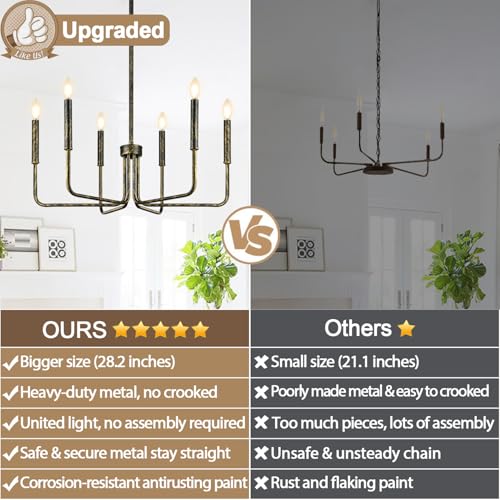 Rustic Black Chandelier, 6-Light Antique Farmhouse Chandelier for Dining Room Lighting Fixtures, Vintage Candle Pendant Light Fixtures Chandeliers for Dining Room Bedroom, Foyer and Living Room
