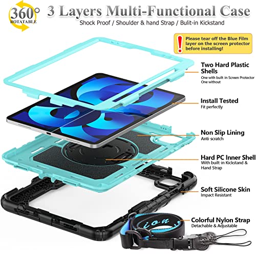 Image of SEYMAC stock Case for iPad Air 5th /4th Generation /Pro 11 (4th /3rd /2nd) with Screen Protector Pen Holder, 360 Rotate Hand Strap /Stand Case for iPad Air 5th /4th Gen 10.9'' / Pro 11'' (Brightblue+Black)