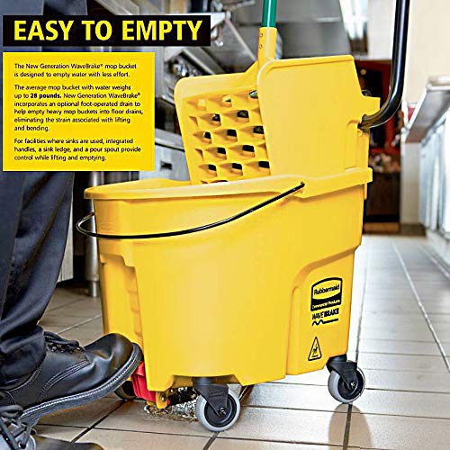 Image of Rubbermaid Commercial Products WaveBrake 44 QT Side-Press Mop Bucket and Wringer Combo on Wheels with Foot Drain Yellow for Heavy-Duty Floor Cleaning