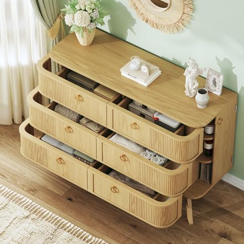 Image of Fluted 6 Drawer Dresser for Bedroom, 43'' Modern Chest of Drawers with Metal Handles&Wood Legs, Curved Profile Design, Rattan Dresser for Bedroom, Living Room, Entryway, Natural