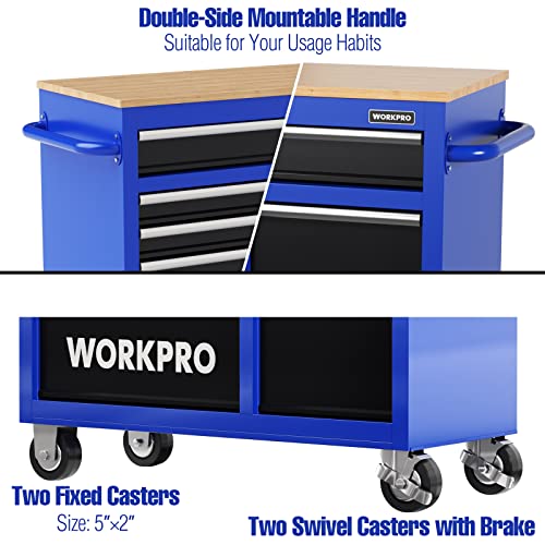 Image of WORKPRO 42-Inch 7-Drawers Rolling Tool Chest, Mobile Tool Storage Cabinet with Wooden Top, Equipped with Casters, Handle, Drawer Liner, and Locking System, 1000 lbs Load Capacity