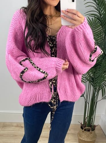 Image of Women's Tie Knot Leopard Heart Print Knit Cardigan Oversized V Neck Open Front Bandage Sweater Trendy Fall Knit Outwear