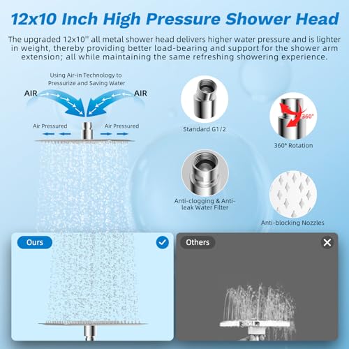 Image of Hibbent High Pressue All Metal 12 inch Rainfall Shower Head, Handheld 10-Spray | cUPC Certified Chrome Dual Showerhead Combo, 4-way Diverter with Pause Mode, Brass Extension Arm, 71'' Shower Hose & Holder
