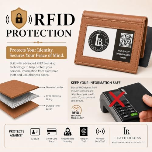 Image of LB LEATHERBOSS Slim Thin Leather Credit Card Triple ID Window Mini Wallet Bifold Driver License Safe (Tan)