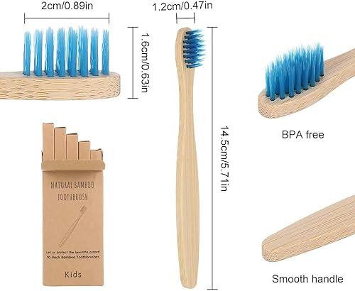 Miniatura 5 de Cepillo de dientes de bambú con cerdas de carbón suave, paquete de 10 cepillos de dientes de madera natural, mango redondo con fondo de pie de